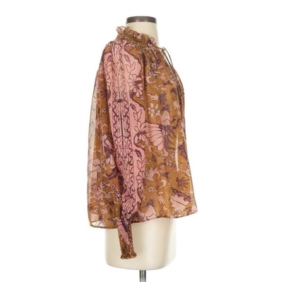 Anthropologie OPT Metallic Boho Peasant Top Small Olive Green Pink Floral - Picture 3 of 7